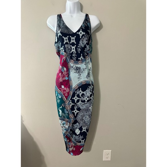 Natori Dresses & Skirts - Natori Satin Midi Dress Patchwork Print V Neck Sleeveless Women's M